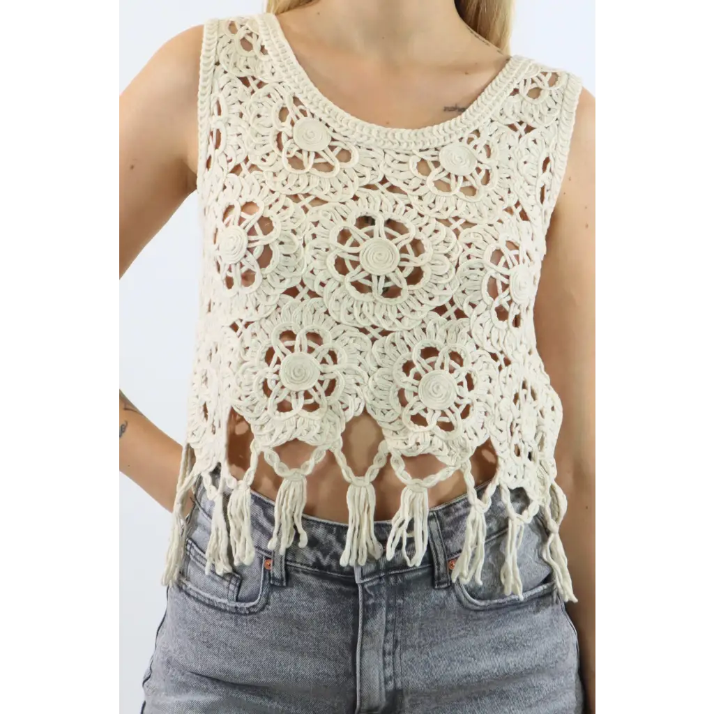 Canotta Boho sfrangiata - PANNA / UNICA / Cotone - TOP