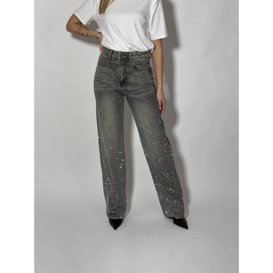 Jeans Grigio Wideleg con strass - PANTALONI E JEANS