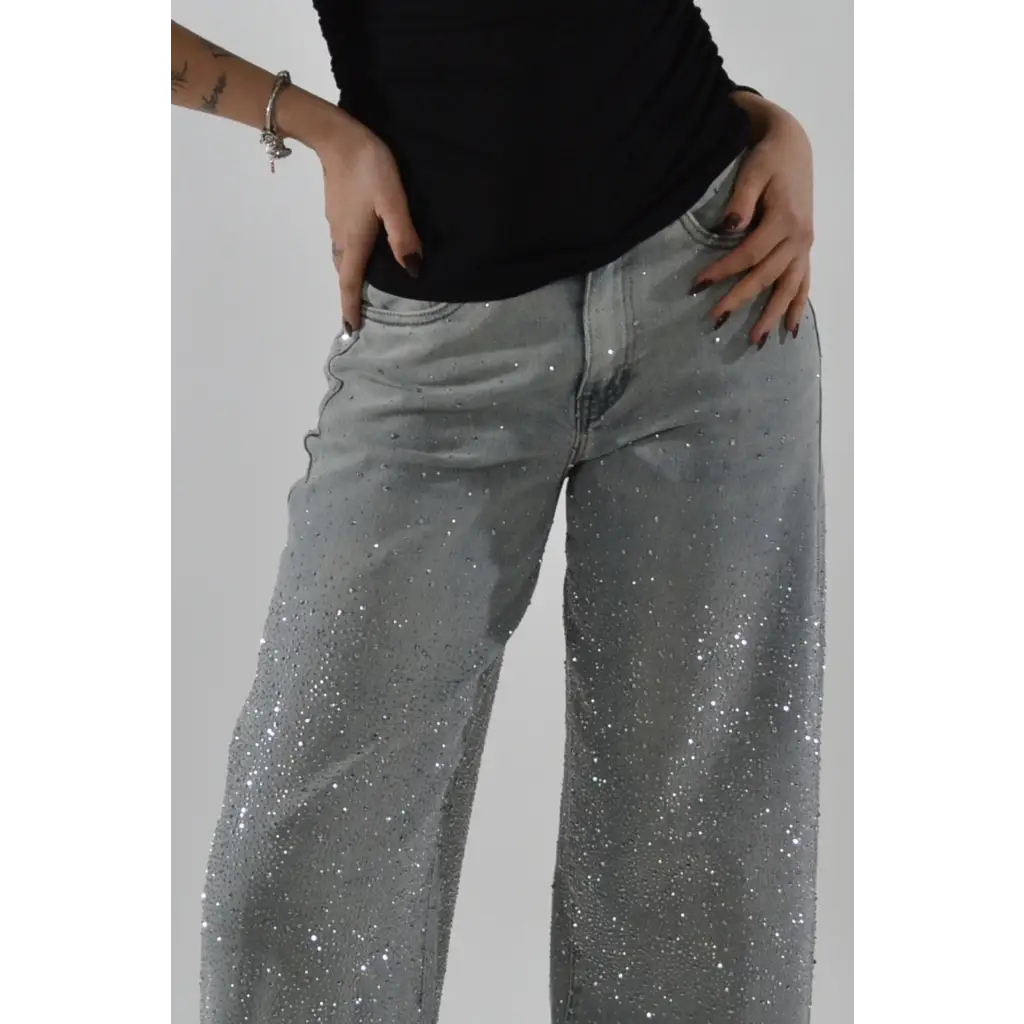 Jeans Wideleg con strass Grey - PANTALONI E JEANS