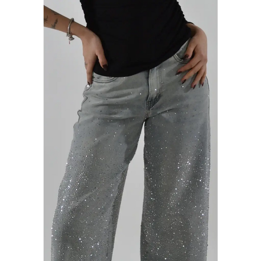 Jeans Wideleg con strass Grey - PANTALONI E JEANS