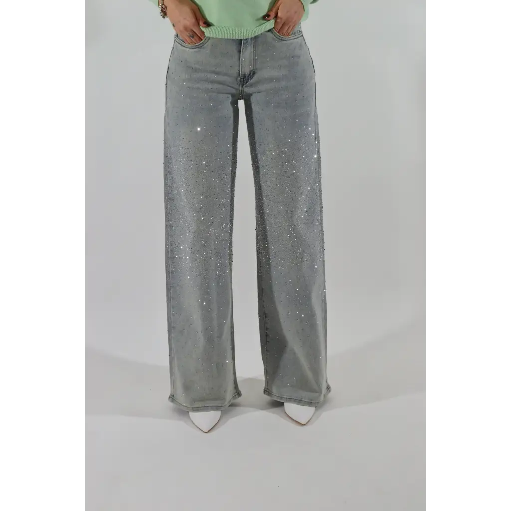 Jeans Wideleg con strass Grey - PANTALONI E JEANS