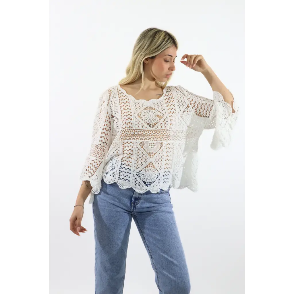 Maglia traforata manica farfalla - BIANCO / UNICA / Cotone - MAGLIA