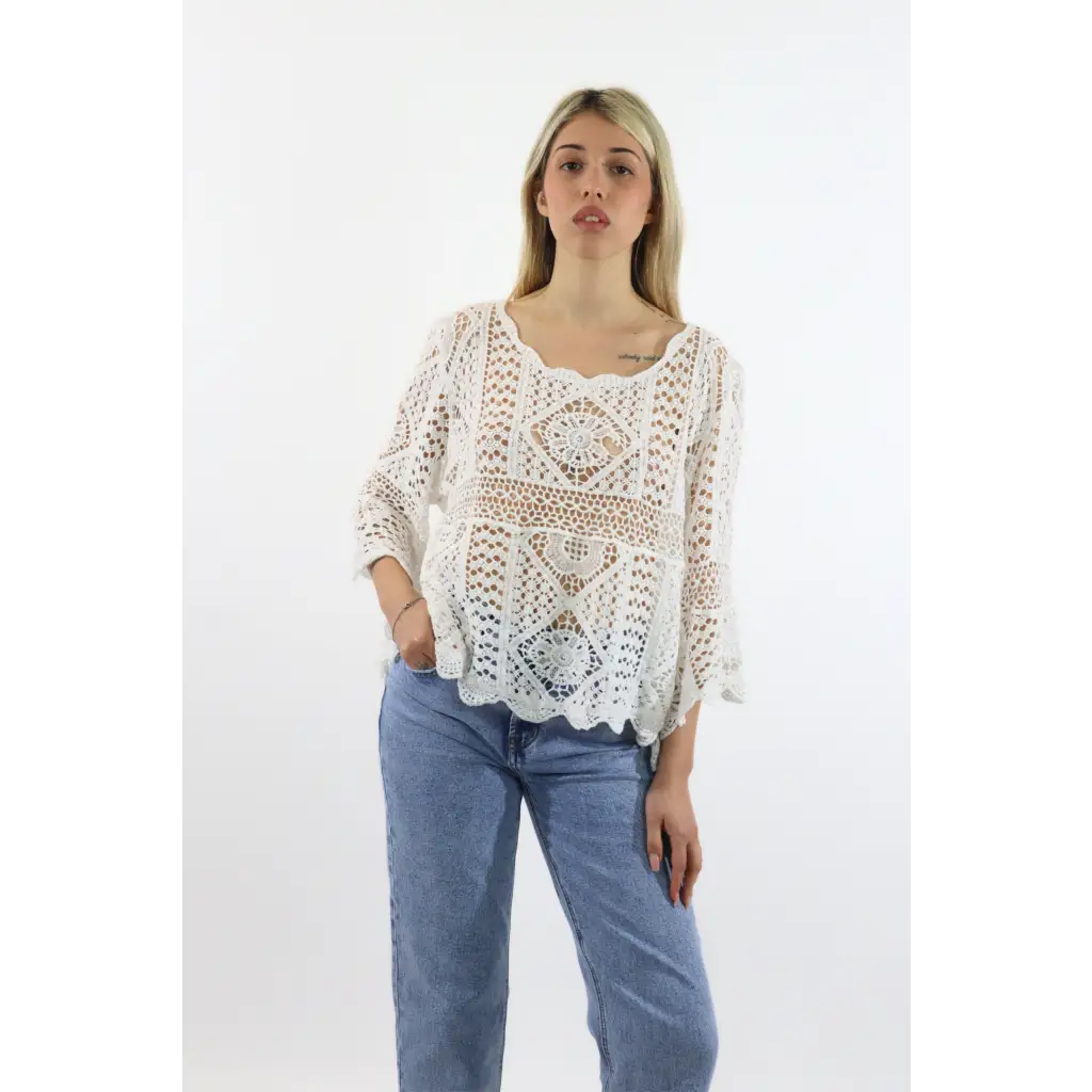 Maglia traforata manica farfalla - BIANCO / UNICA / Cotone - MAGLIA