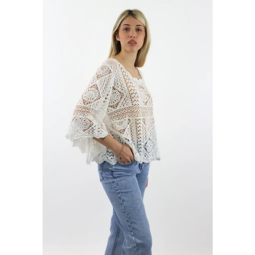 Maglia traforata manica farfalla - BIANCO / UNICA / Cotone - MAGLIA